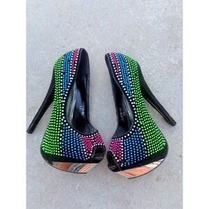 Y2K Mascotte Scene Neon Studded Platform Peep Toe Pumps Black Multi Color